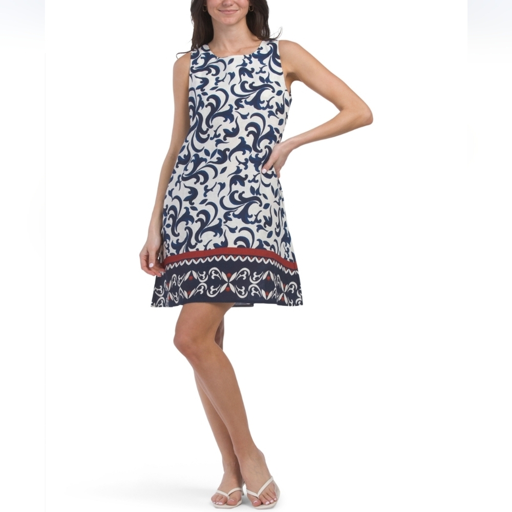 Alessia Pacini Linen Blend Sleeveles Border Print Mini Dress